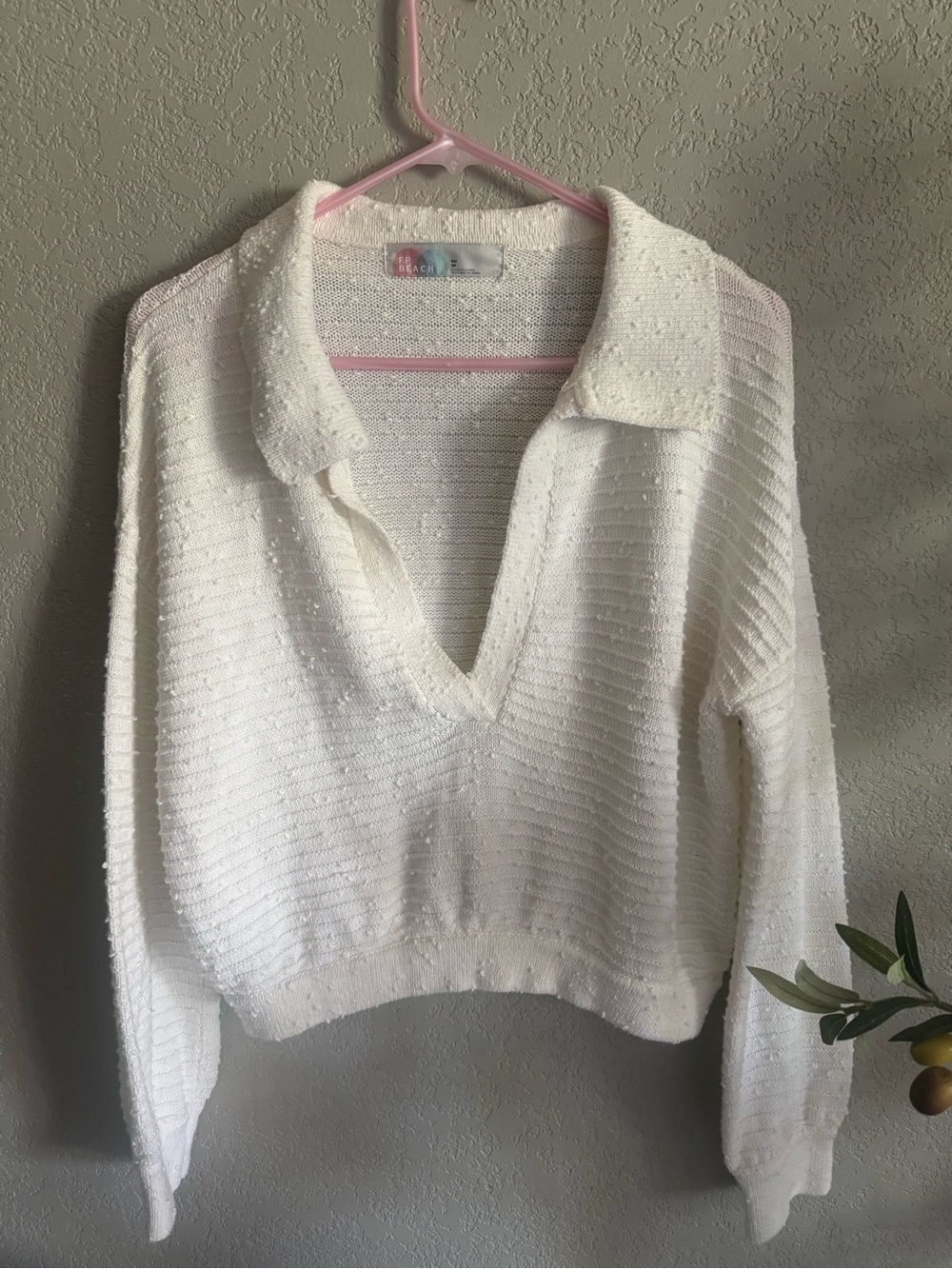 Free People FP Beach Carter Collared V Neck Cropped Textured Knit Sweater XS